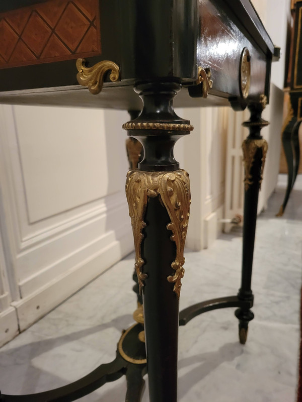 Small table in marquetry of various species and Napoleon II bronze
