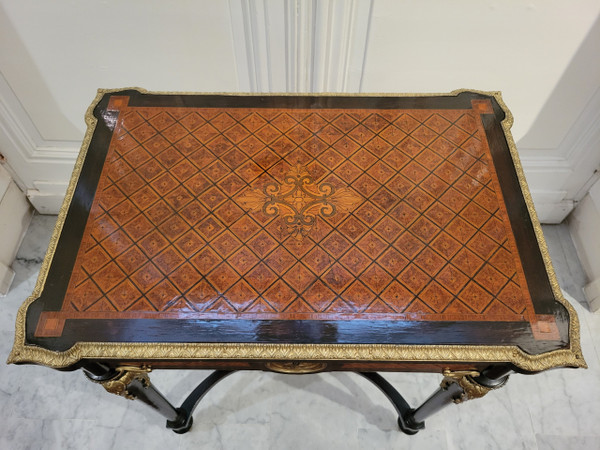 Small table in marquetry of various species and Napoleon II bronze