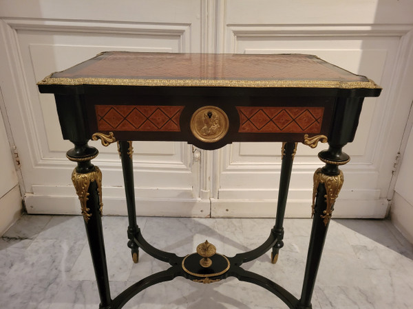 Small table in marquetry of various species and Napoleon II bronze