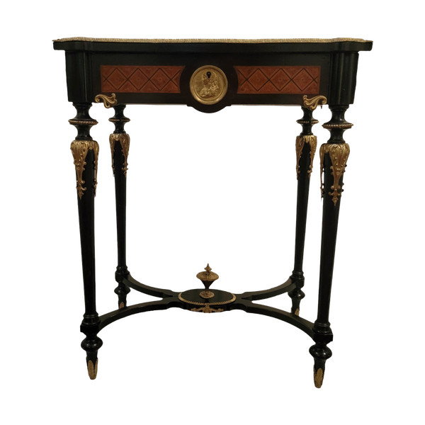 Small table in marquetry of various species and Napoleon II bronze