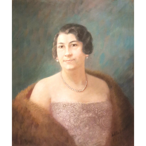 Pastellgemälde-Porträt einer Art-Deco-Frau, signiert von Adele Conty 1927