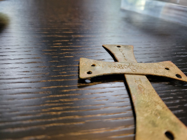 Processional cross of Byzantine iconoclasm in bronze with Greek inscriptions 7th - 8th century