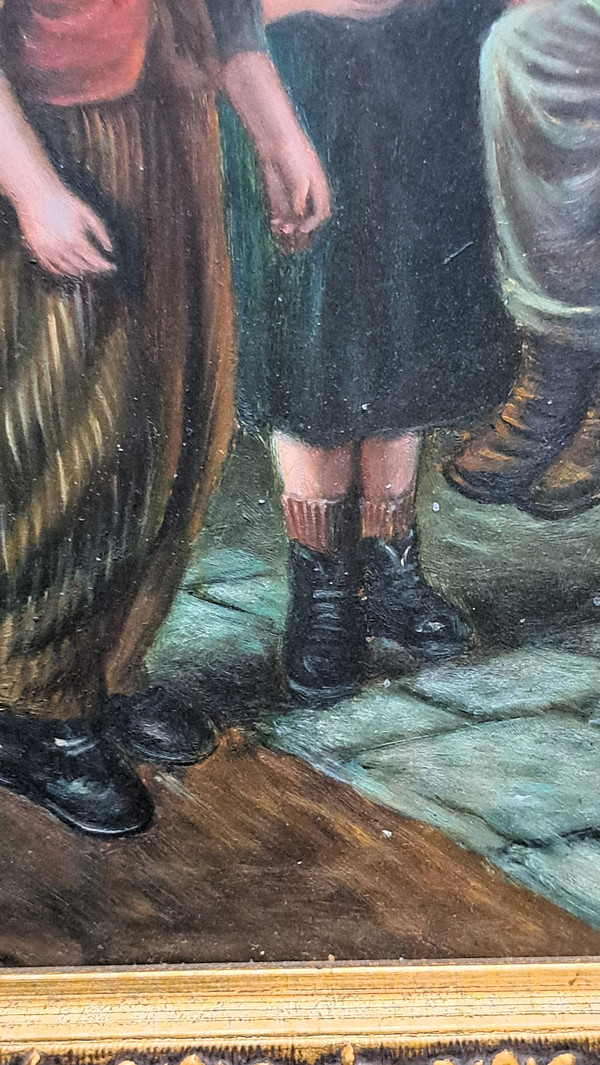 Ölgemälde auf gerahmter Holzplatte, Szene mit einer Gruppe von drei Kindern, die Seifenblasen blasen