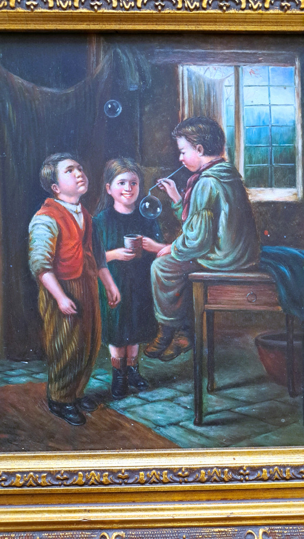 Ölgemälde auf gerahmter Holzplatte, Szene mit einer Gruppe von drei Kindern, die Seifenblasen blasen