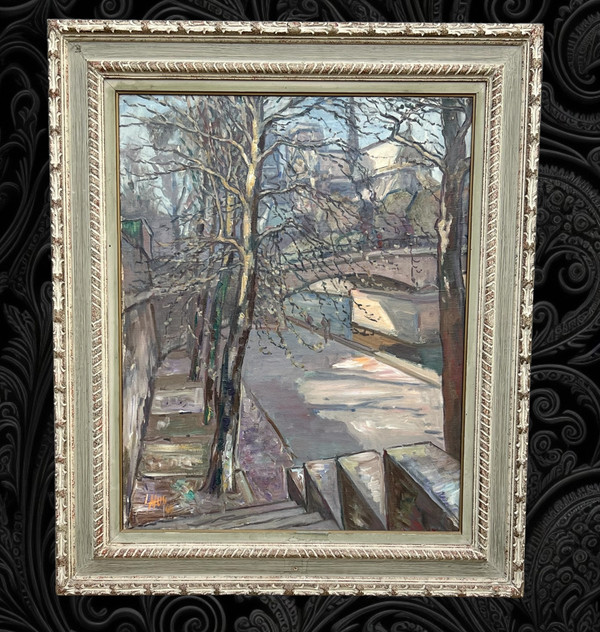 GROSSES GEMÄLDE / ÖL AUF LEINWAND DATIERT 1965 / „QUAI DE MONTEBELLO IN PARIS“