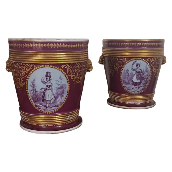 Vecchia Parigi, periodo Luigi Filippo, Napoleone III - grande coppia di vasi da fiori - sfondo viola e ricco