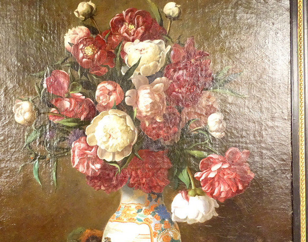 Große HST Georges Deully Stillleben Pfingstrosen Vase Schmuckschatulle 1876