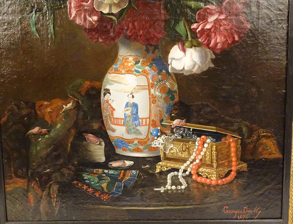 Große HST Georges Deully Stillleben Pfingstrosen Vase Schmuckschatulle 1876