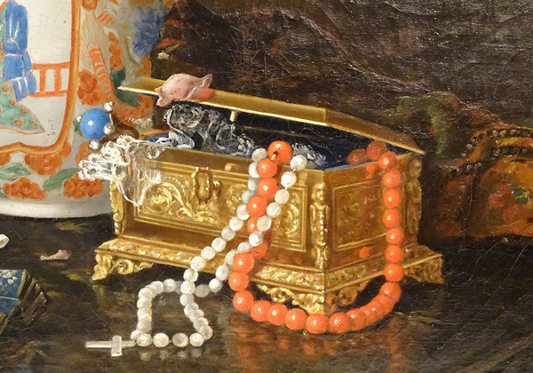 Große HST Georges Deully Stillleben Pfingstrosen Vase Schmuckschatulle 1876