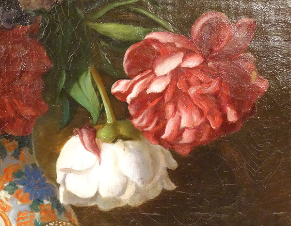 Große HST Georges Deully Stillleben Pfingstrosen Vase Schmuckschatulle 1876