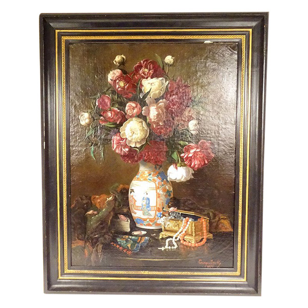 Große HST Georges Deully Stillleben Pfingstrosen Vase Schmuckschatulle 1876