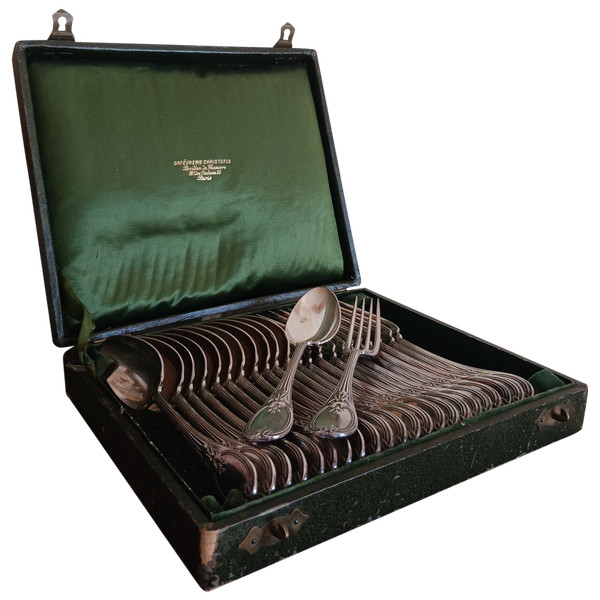 Christofle, modèle Trianon - coffret de 12 cuillers et fourchettes de table - métal argenté