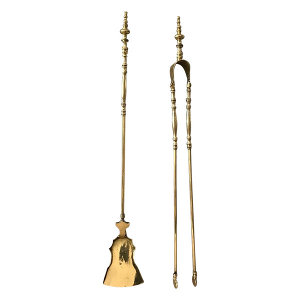 Ensemble d'une pelle et d'une pince de cheminée en laiton d'époque 19 ème 