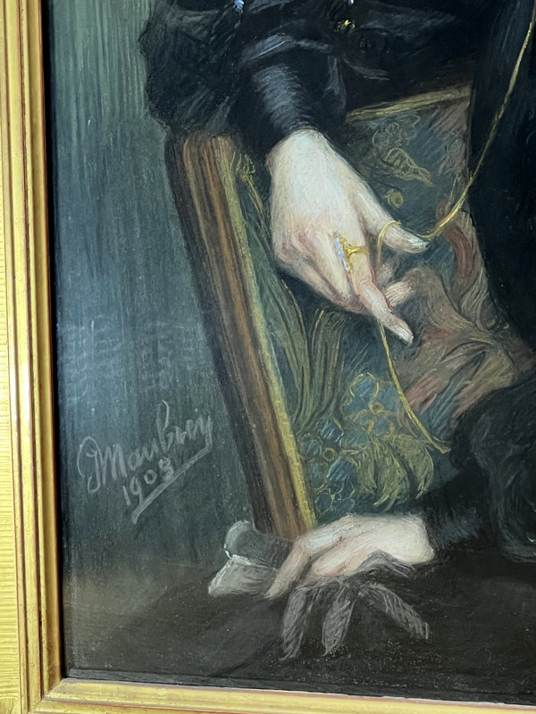 GROßES JUGENDSTIL-PASTELLGEMÄLDE, SIGNIERT „J.MOUBREY“, PORTRÄT EINER FRAU IN SCHWARZ