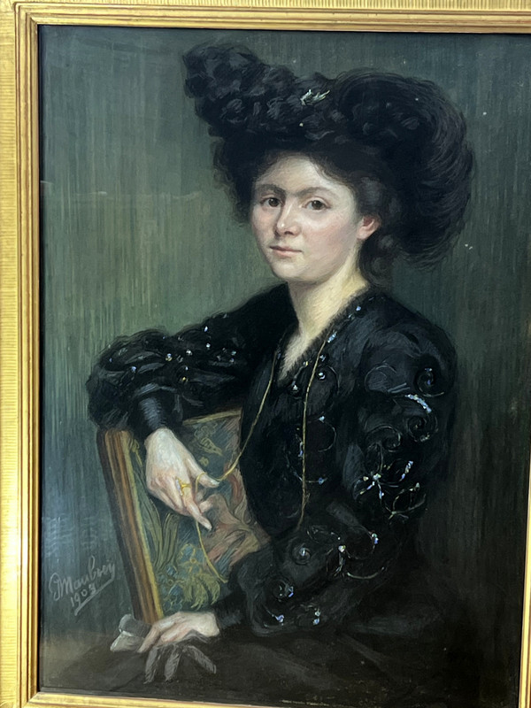 GROßES JUGENDSTIL-PASTELLGEMÄLDE, SIGNIERT „J.MOUBREY“, PORTRÄT EINER FRAU IN SCHWARZ