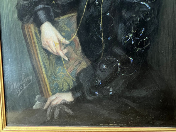 GROßES JUGENDSTIL-PASTELLGEMÄLDE, SIGNIERT „J.MOUBREY“, PORTRÄT EINER FRAU IN SCHWARZ