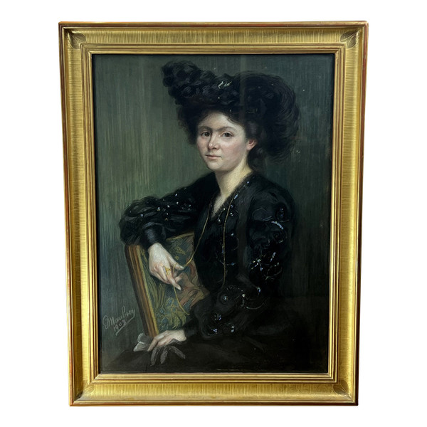 GROßES JUGENDSTIL-PASTELLGEMÄLDE, SIGNIERT „J.MOUBREY“, PORTRÄT EINER FRAU IN SCHWARZ