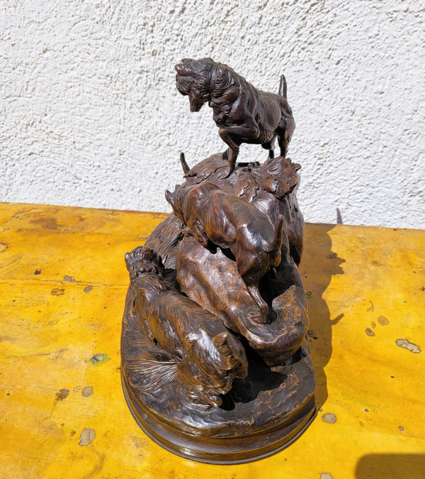 Incendio doloso, Cani da caccia Terrier, Bronzo firmato, XIX secolo