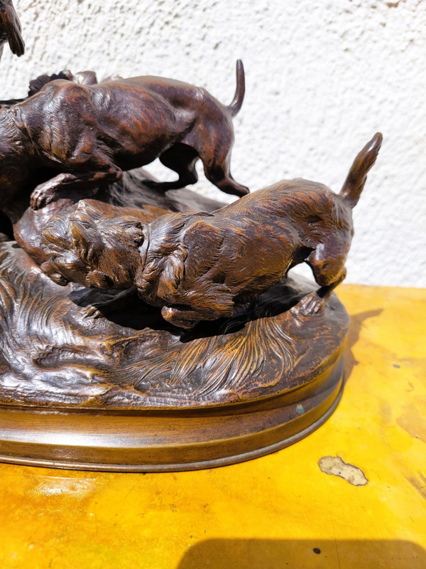 Incendio doloso, Cani da caccia Terrier, Bronzo firmato, XIX secolo