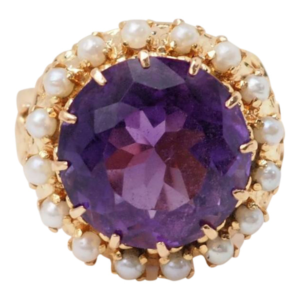 Vintage ring in rose gold, amethyst and fine pearls