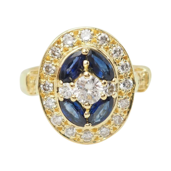 Vintage ring in yellow gold, sapphires and diamonds