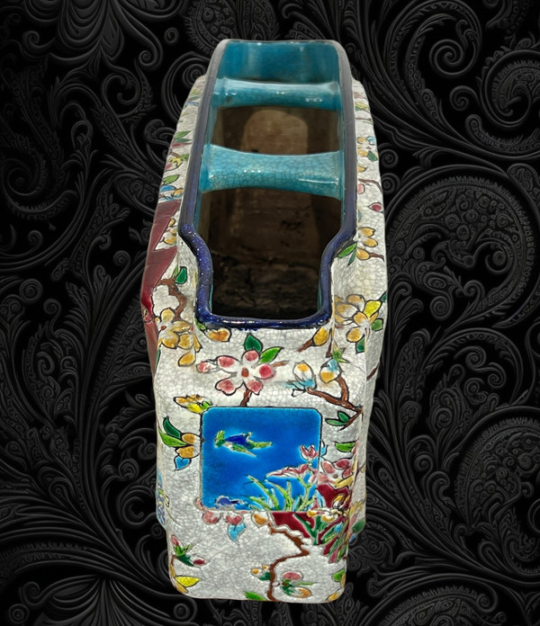 IMPORTANTE FIORIERA IN CERAMICA SMALTATA POLICROMA DI GIEN 1900 / 1935