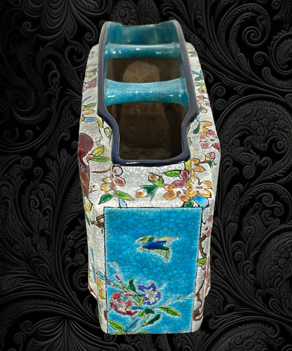 IMPORTANTE FIORIERA IN CERAMICA SMALTATA POLICROMA DI GIEN 1900 / 1935