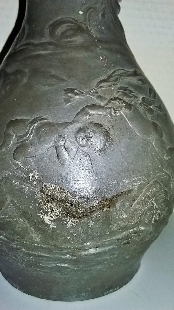 Pewter wine pitcher signed "Charles Perron circa 1900"