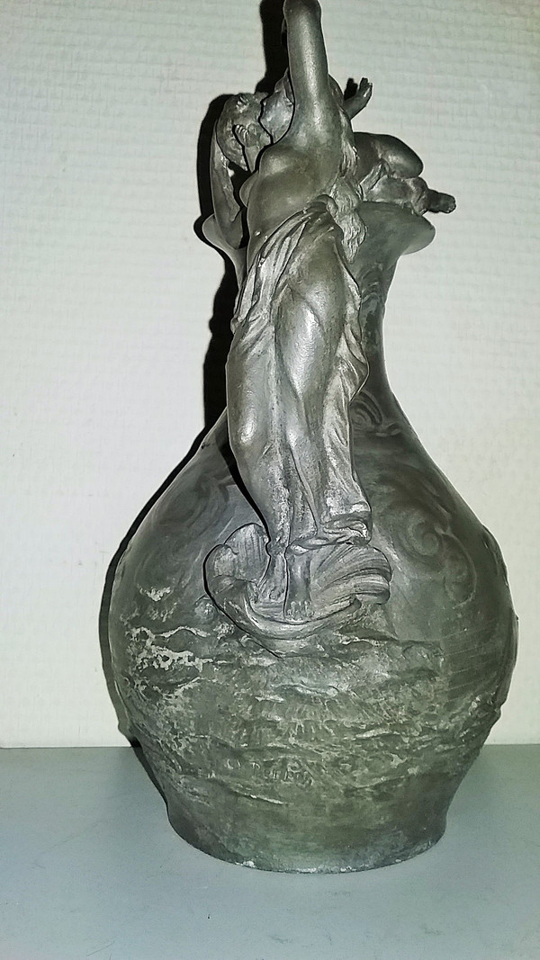 Pewter wine pitcher signed "Charles Perron circa 1900"