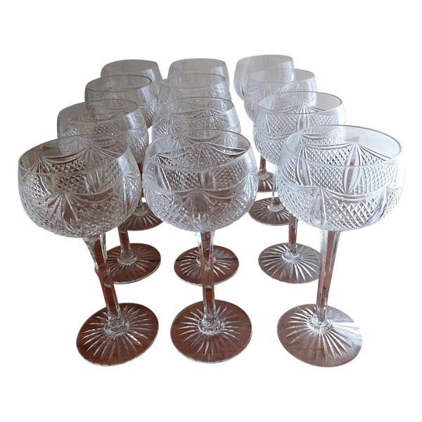 Series of 12 cut crystal stemmed wine glasses from the early 20th century
