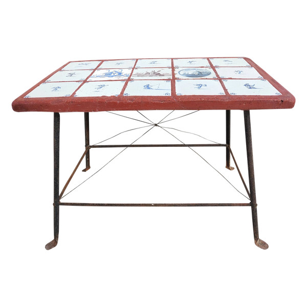Iron coffee table from the 60's with 19th century Delft tile top