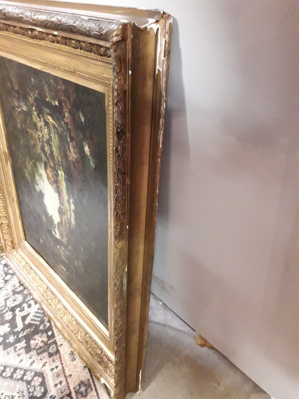 Pittura olio su tela vista su paesaggio sotto legno firmata Louis Joseph LEROY (1812-1885)