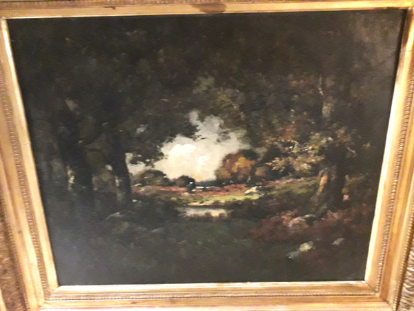 Pittura olio su tela vista su paesaggio sotto legno firmata Louis Joseph LEROY (1812-1885)