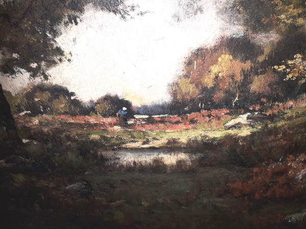 Pittura olio su tela vista su paesaggio sotto legno firmata Louis Joseph LEROY (1812-1885)