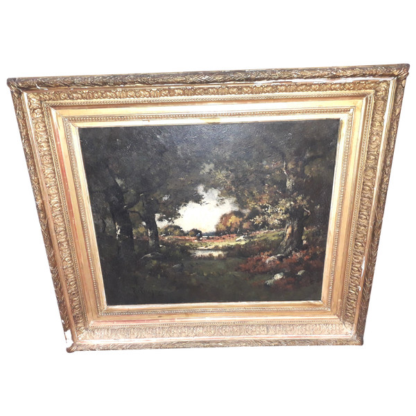Pittura olio su tela vista su paesaggio sotto legno firmata Louis Joseph LEROY (1812-1885)