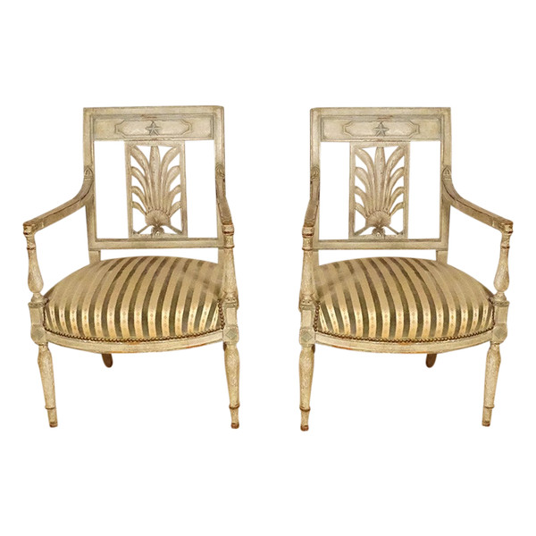Coppia di poltrone Directoire in legno laccato con sedute a conchiglia Palmette Fine XVIII secolo