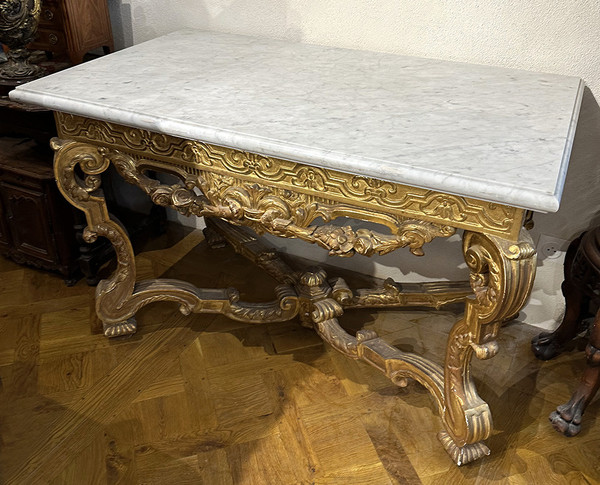 Console Louis XIV Bois Sculpté Doré Guirlandes Fleurs Coquilles XVIIIème
