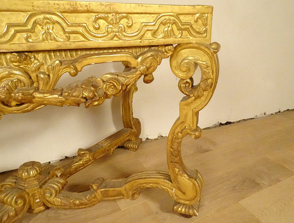 Console Louis XIV Bois Sculpté Doré Guirlandes Fleurs Coquilles XVIIIème
