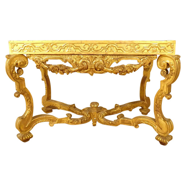 Console Louis XIV Bois Sculpté Doré Guirlandes Fleurs Coquilles XVIIIème