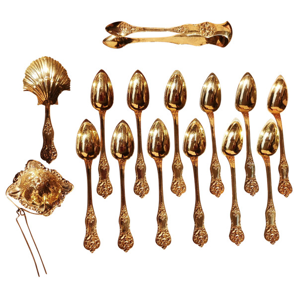 Napoleon III silver-gilt box: 12 spoons +1 pair of tongs + tea strainer + spoon Guillot 19th century goldsmiths
