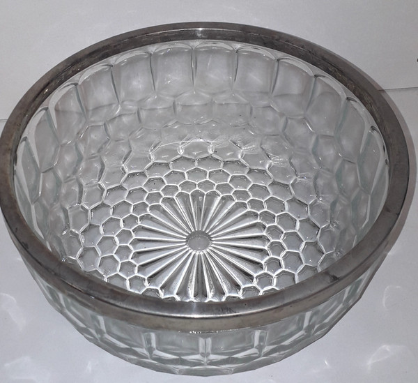Round cut-crystal bowl with silver-plated metal rim mid-20th century