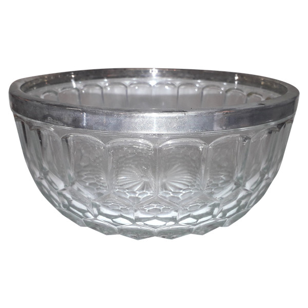 Round cut-crystal bowl with silver-plated metal rim mid-20th century