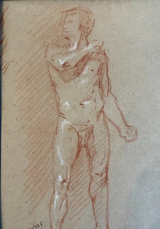 J. DELAUNAY. Accademia degli uomini. Diciannovesimo disegno a matita rossa.