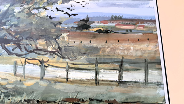Paesaggio acquerellato campagna animata inizio XX secolo