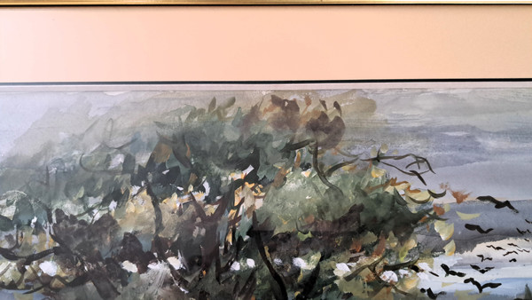 Paesaggio acquerellato campagna animata inizio XX secolo