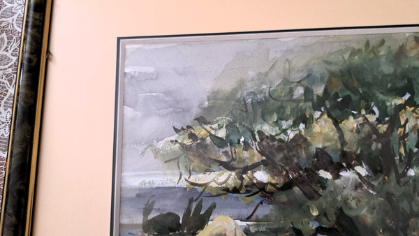 Paesaggio acquerellato campagna animata inizio XX secolo