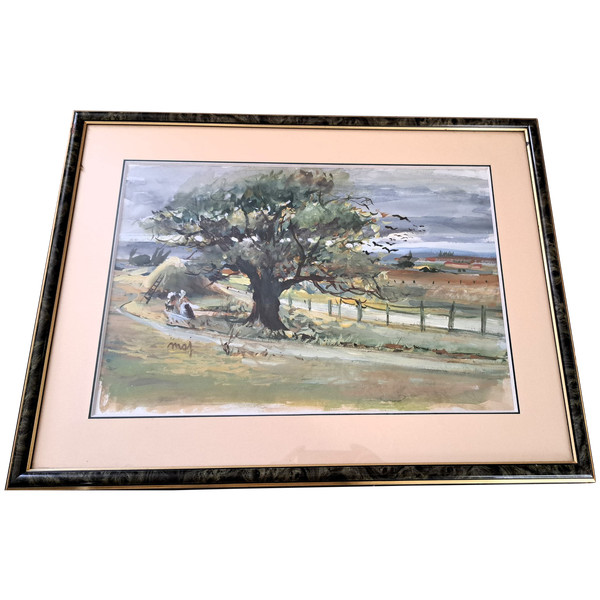 Paesaggio acquerellato campagna animata inizio XX secolo