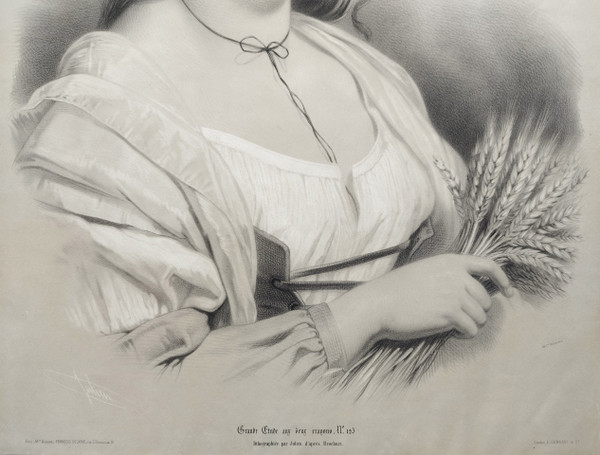 Femme Au Chapeau De Paille Grande Lithographie d'Après Brochart 
