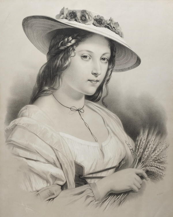 Femme Au Chapeau De Paille Grande Lithographie d'Après Brochart 