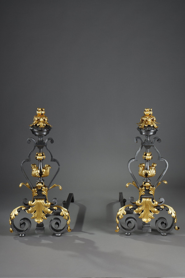 VERY LARGE PAIR OF WROUGHT IRON MANTELPIECES WITH FOLIAGE, MASK AND SCROLL MOTIFS